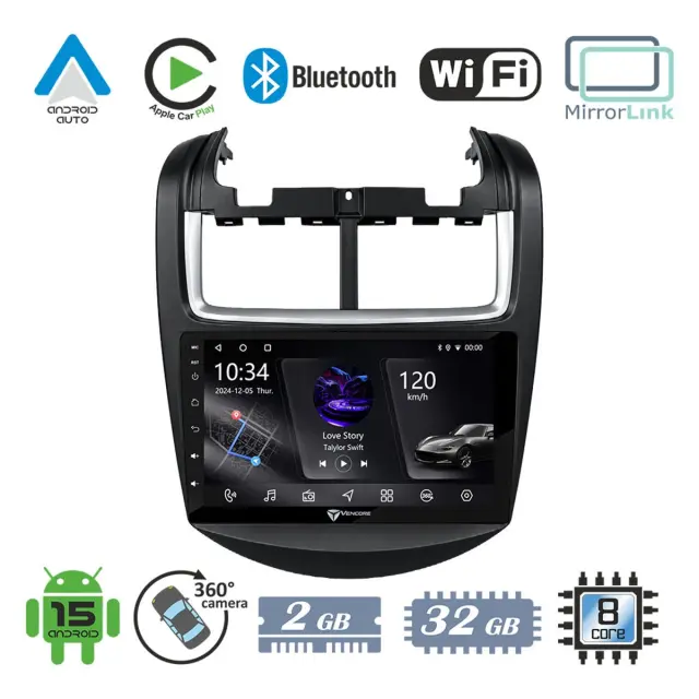 VenCore Οθόνη Multimedia Android 15 9" PX5S Octa-Core 2GB/32GB IPS με Πρόσοψη, CarPlay, Android Auto και Υποστήριξη Κάμερας 360° για Chevrolet Aveo 2006-2017 – Μαύρη (3236-10005-0050B)