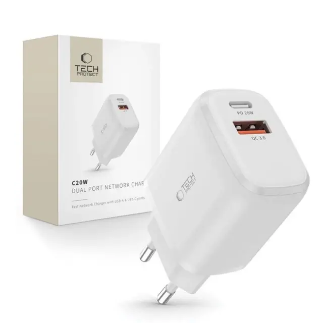 Tech-Protect Φορτιστής C20W USB-C PD 20W / USB-A QC 3.0 White