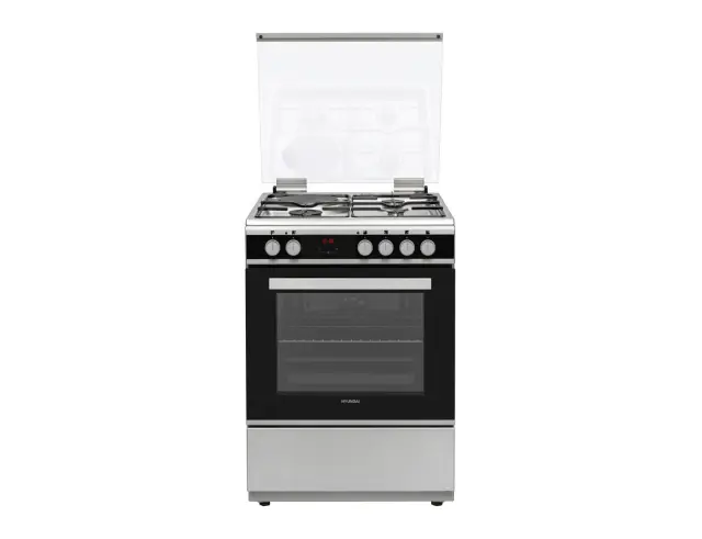 Κουζίνα Hyundai HCGC25V-72631E/X Silver με πολυλειτουργικό φούρνο, μικτές εστίες, χωρητικότητα φούρνου 65 λίτρα, 9 λειτουργίες ψησίματος, οθόνη προγραμματισμού και ενεργειακή κλάση Α HCGC25V-72631E/X