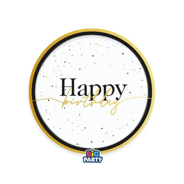 Πιάτα Γλυκού 18εκ Happy Birthday /6 τεμ - Λευκό χρυσό μαύρο με Πουά