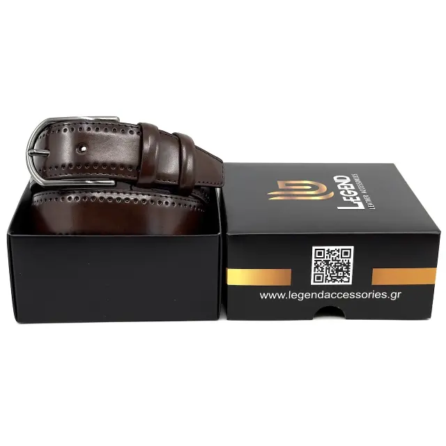 Ανδρική Καφέ Δερμάτινη Ζώνη με Σχέδιο Brogue 2