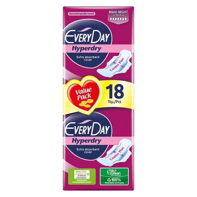 Everyday Hyperdry Maxi Night Ultra Plus Σερβιέτες Μεγαλύτερου Μήκους Με Φτερά 18τμχ