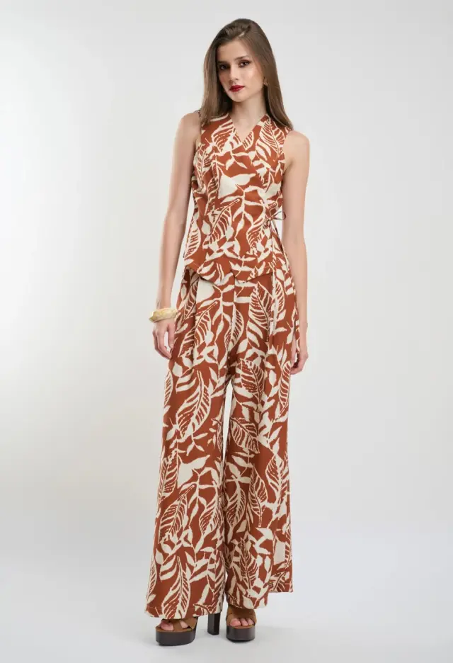 DESIREE Σετ Τοπ Κρουαζέ & Παντελόνα με Καφέ Tropical Print Μπεζ - M