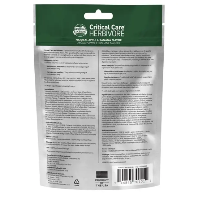 Oxbow Critical Care Herbivore Κλινική Δίαιτα Μήλο και Μπανάνα 141gr 2