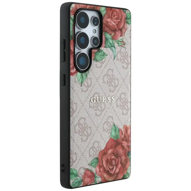 Guess PU Leather 4G Flowers Print Metal Classic Logo MagSafe Case for Samsung Galaxy S25 Ultra Pink 3