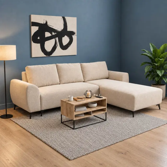 Καναπές κρεβάτι τριθέσιος αναστρέψιμος Settee ύφασμα με αποθηκευτικό χώρο σε μπεζ απόχρωση 286x204x93εκ