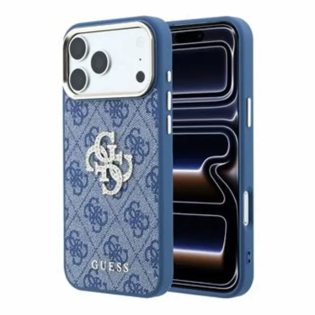 Guess PU 4G Strass Metal Logo Case for iPhone 18 Pro Blue