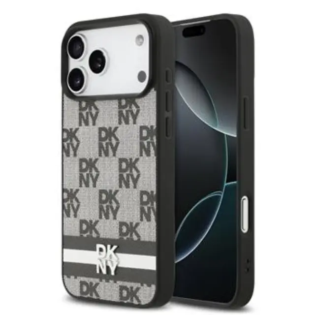 DKNY PU Leather Checkered Pattern and Stripe Case for iPhone 17 Pro Max Black
