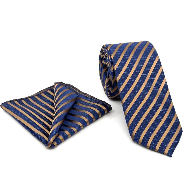 Μπλε - Ταμπά Ριγέ Γραβάτα Microfiber Σετ με Μαντήλι Σχέδιο 274