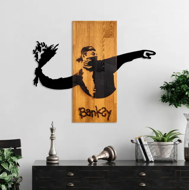 ΔΙΑΚΟΣΜΗΤΙΚΟ ΤΟΙΧΟΥ BANKSY FB94757-ΦΥΛΛΑ ΜΕΤΑΛΛΟΥ ΜΑΥΡΑ-ΞΥΛΟ 69x3(βάθος)x58Υεκ. 2