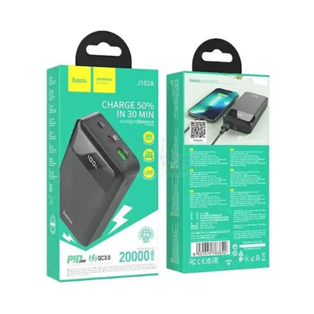 Hoco J102A Power Bank 20000mAh 20W με Θύρα USB-A και Θύρα USB-C Quick Charge 3.0 Μαύρο 3