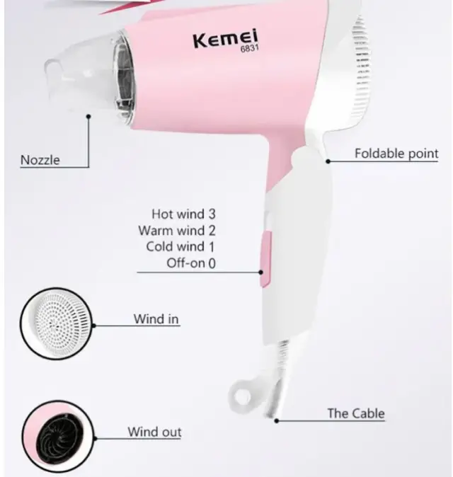 Kemei KM-6831 Pink Πιστολάκι Μαλλιών Ταξιδίου 1600W 3