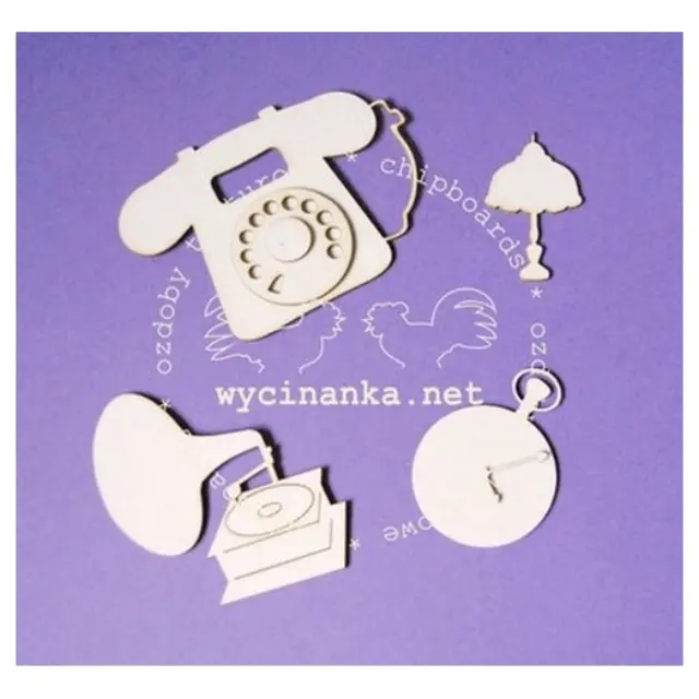 Διακοσμητικά Chipboard, Τηλέφωνο, ρολόι, γραμμόφωνο, λάμπα ,5-7cm, 4τεμ