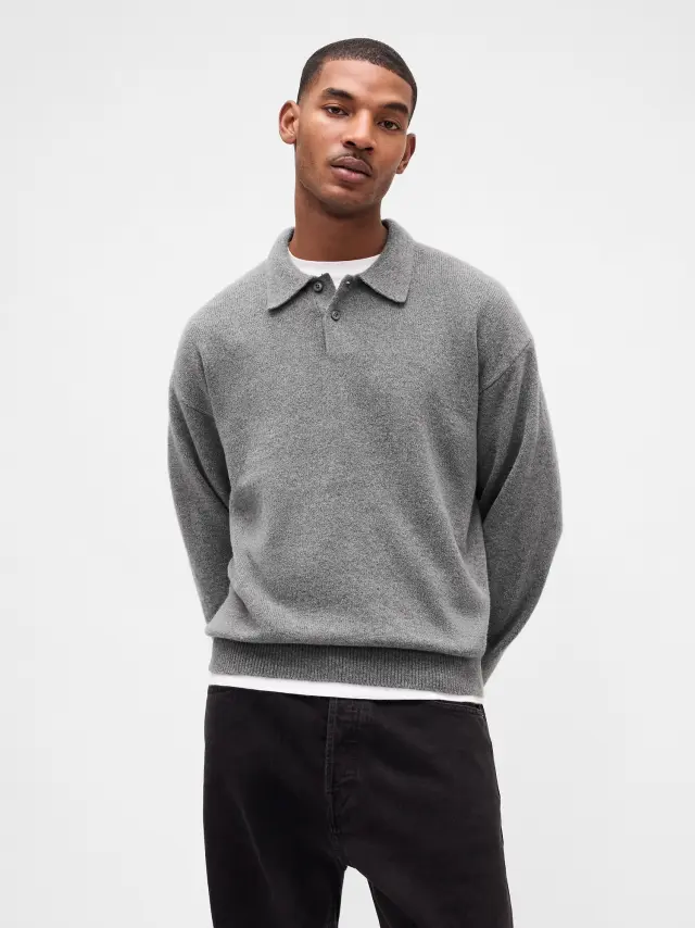 CashSoft Relaxed Polo Πουλόβερ CHARCOAL HEATHER - XL
