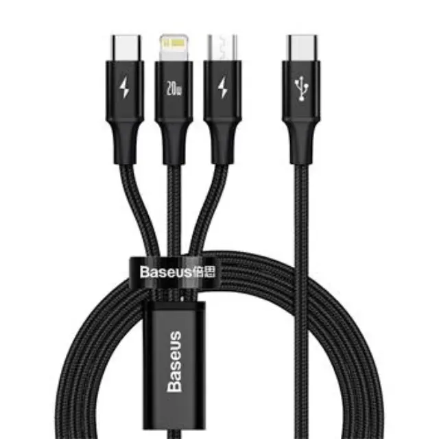 Baseus Rapid Series 3in1 Fast Charging Cable USB-C - USB-C/Lightning/MicroUSB 20W 1.5m Black