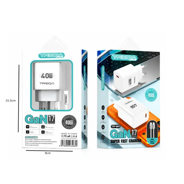 Treqa Φορτιστής GaN 40W USB-C Power Delivery με Καλώδιο Type-C CH-663- GaN 40W USB-C Power Delivery Charger with Type-C Cable 017240 2