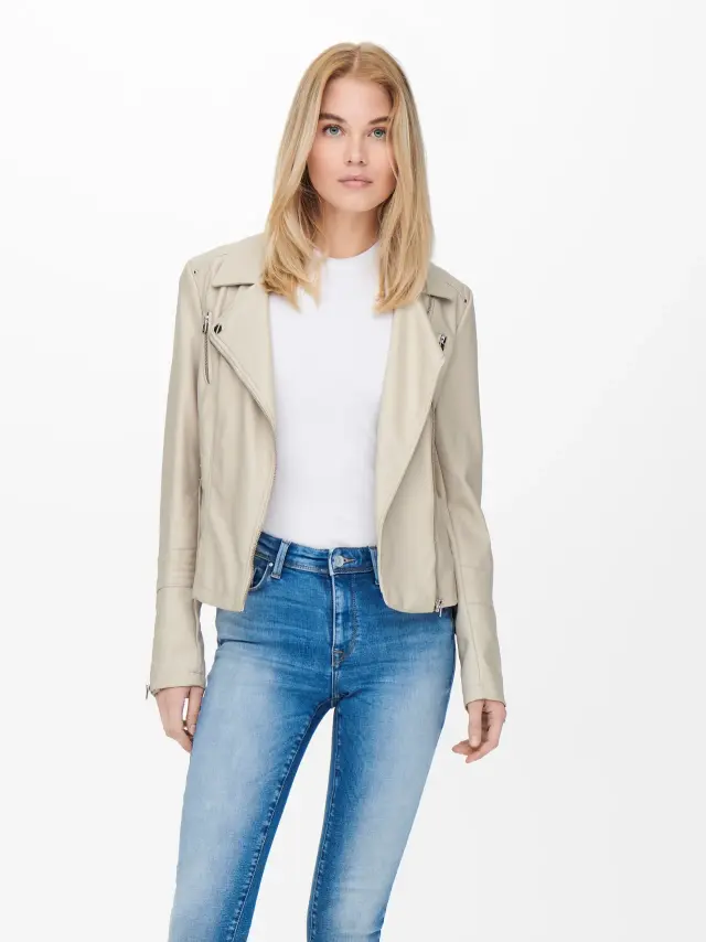 Only Onlgemma Biker Jacket από Συνθετικό Δέρμα NOOS Μπεζ