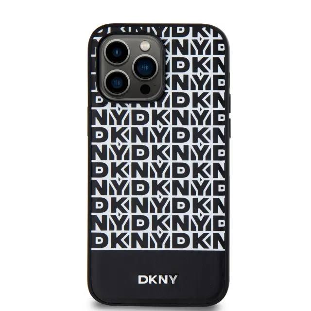 DKNY PU Leather Repeat Pattern Bottom Stripe MagSafe Case for iPhone 15 Pro Max Black 2