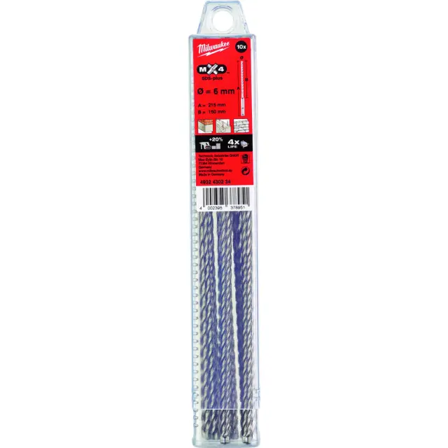 Τρυπάνια SDS-PLUS 6x215mm 4 Κοπών MILWAUKEE MX4 Σετ 10Τμχ 2