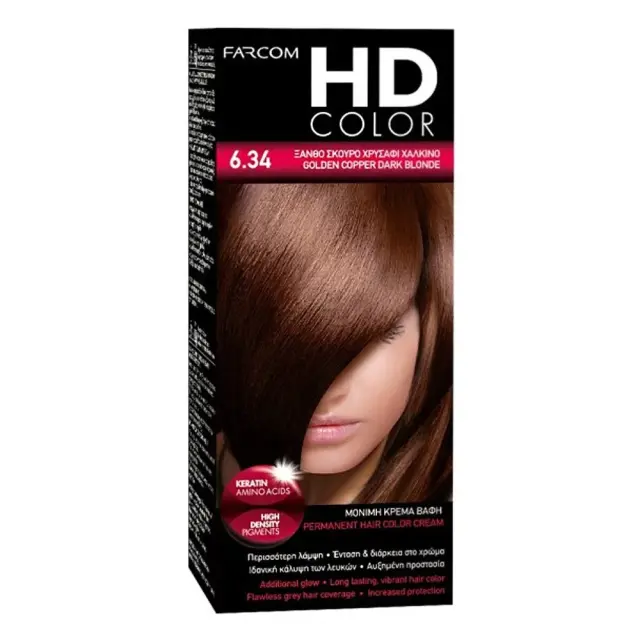 Farcom Βαφή Μαλλιών HD Color No 6.34 Ξανθό Σκούρο Χρυσαφί Χάλκινο 60ml