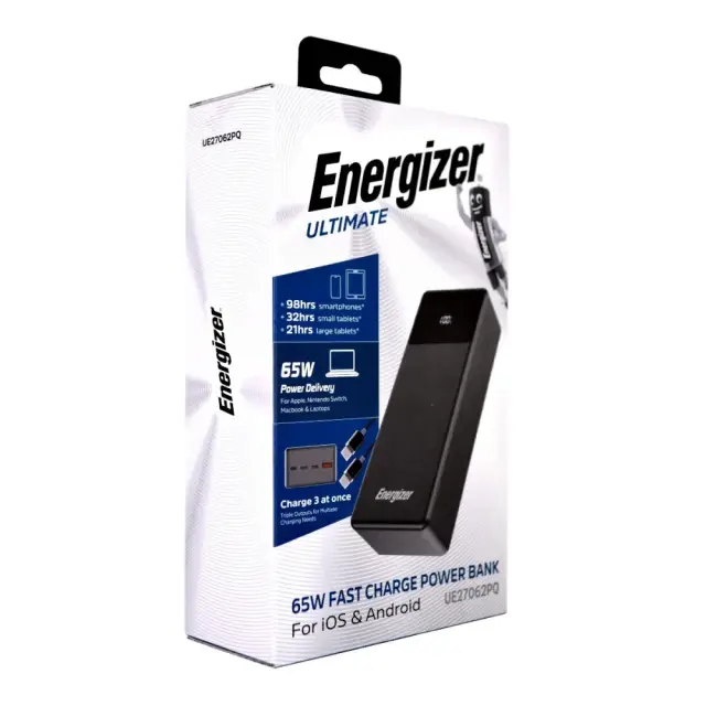 Power Bank Energizer UE27062PQ 27000mAh PD65W Fast Charge με 2xUSB-C 1xUSB-A 1xMicroUSB και LED Ένδειξη Μπαταρίας Μαύρο
