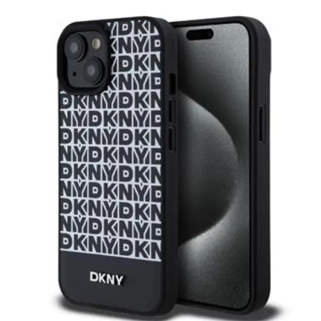 DKNY PU Leather Repeat Pattern Bottom Stripe MagSafe Case for iPhone 15 Black