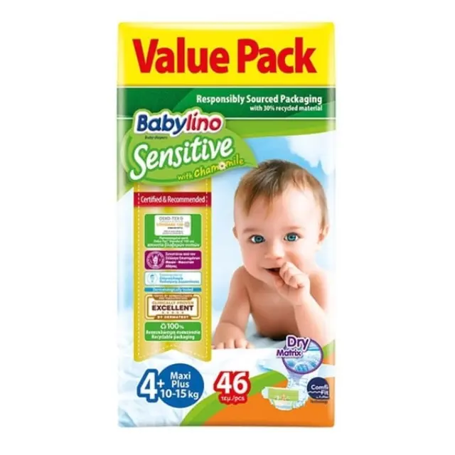 Babylino Sensitive with Chamomile Πάνες με Αυτοκόλλητο No. 4+ για 10-15kg 46τμχ
