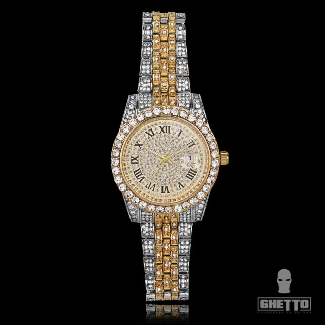 Ghetto 2021 Hip Hop Iced 2tone Rhinestones Quartz Watch SS Gold