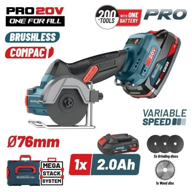 Bormann Pro BBP5418X2CA - Μini Brushless Γωνιακός Τροχός Ρυθμιζόμενος 20V, 0-7000/14000/20000rpm με 1 Μπαταρία 2Ah (1x2Ah) + Φορτιστή σε Βαλίτσα Mega Stack System (085027)