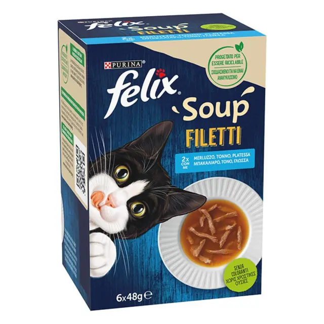 Purina Felix Soup Filleti Υγρή Τροφή για Ενήλικες Γάτες σε Φακελάκι με Μπακαλιάρο, Τόνο & Γλώσσα 48gr 6τμχ