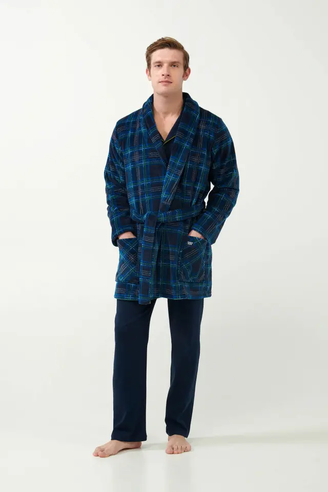 Uomo Di Vamp Ανδρική Fleece Ρόμπα Σταυρωτή Με Ταρτάν Μοτίβο