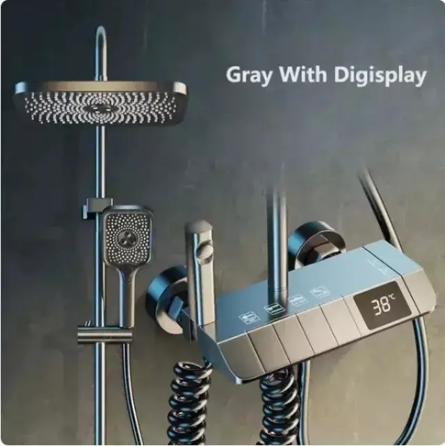 Digital Shower Faucet Set Thermostatic Control Premium Copper Build Gray Digisplay 2