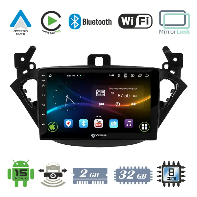VenCore Οθόνη Multimedia Android 15 9" 9109A MTK6762 Octa-Core 2GB/32GB IPS με Πρόσοψη, CarPlay, Android Auto και Υποστήριξη Κάμερας Οπισθοπορείας AHD για Opel Corsa E 2015-2018 – Μαύρη (3236-10007-0425B)