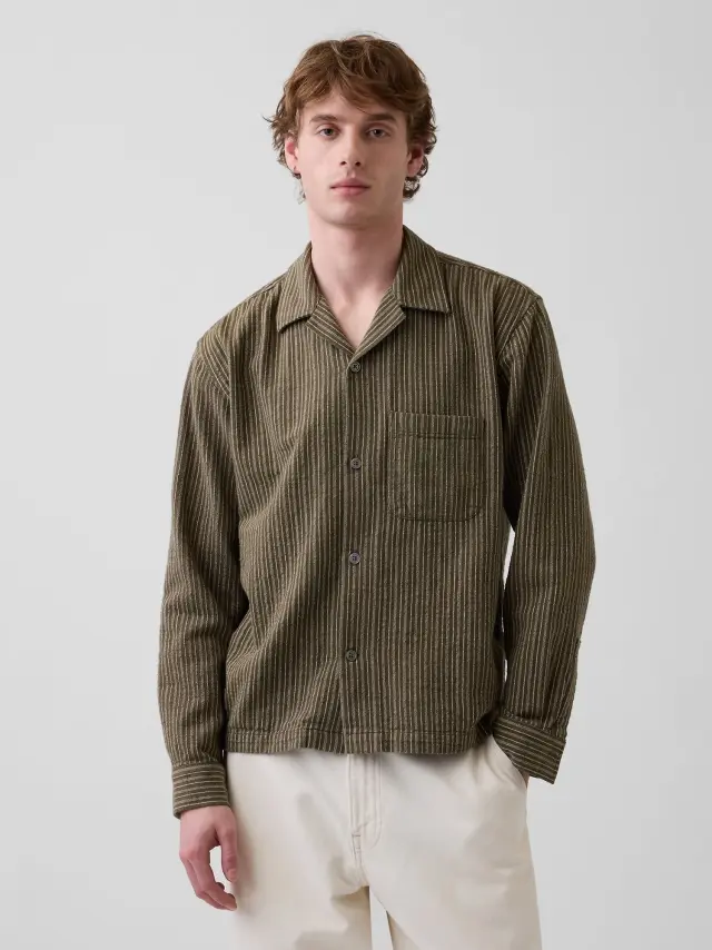 Ανδρικό Πουκάμισο Dobby Stripe Χαλαρής Γραμμής και Ίσιο Στρίφωμα Green stripe