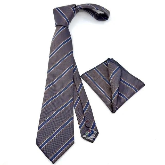 Navy - Μπλε Ριγέ Γραβάτα Microfiber Σετ με Μαντήλι 7,5 cm Modern Fit Σχέδιο 365 2
