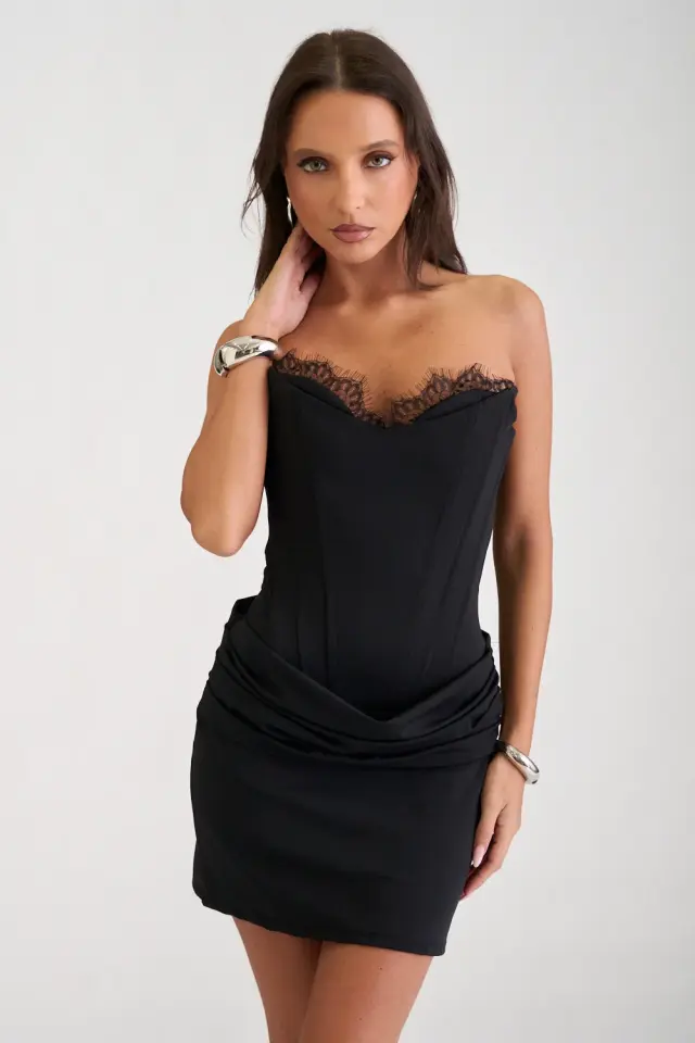Φόρεμα mini strapless με δαντέλα και κορσέ - Μαύρο - ONESIZE