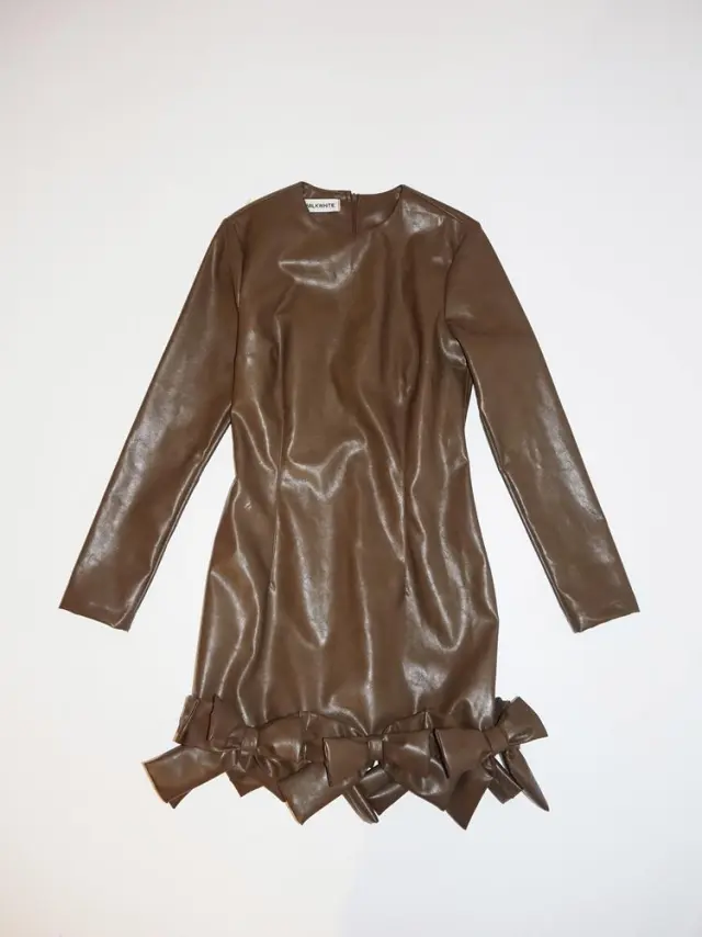 Dress faux leather brown with bows DF24-241 MILKWHITE