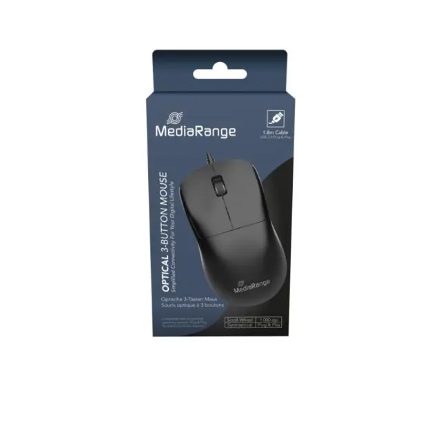 MediaRange Optical Mouse Corded 3-Button (Black, Wired) (MROS211)