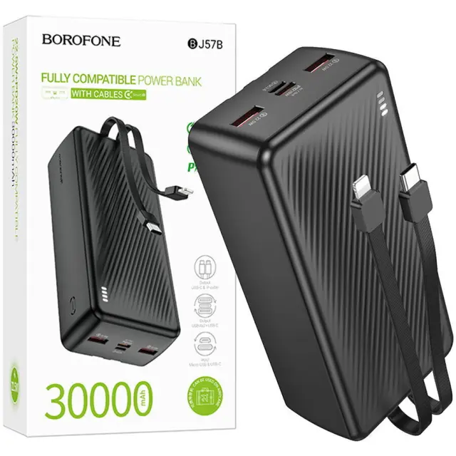 Borofone Power Bank 30000mAh με Eνσωματωμένα Καλώδια Φόρτισης και Θύρες USB-A, USB-C Μαύρο BJ57B