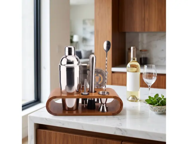 Σετ Σερβιρίσματος Κοκτέιλ Cook Concept απο Ανοξείδωτο Ατσάλι με Ξύλινη Βάση απο Μπαμπού - 8 τεμάχια KV7303