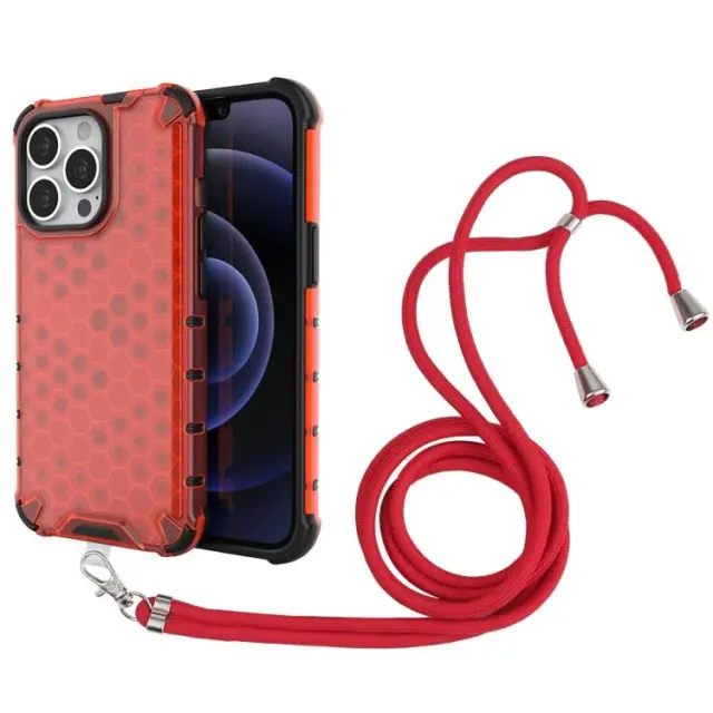 Θήκη Σιλικόνης με Κορδόνι για το Λαιμό Για iPhone 13 Pro - Honeycomb Κόκκινο OEM