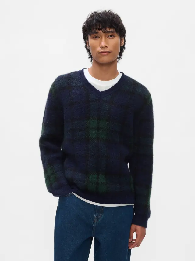 Μπλε Καρό V-Neck Πουλόβερ Blue plaid