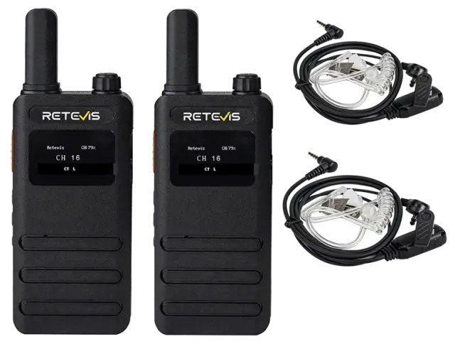 Walkie Talkie Retevis B63S with LCD Screen (2-pack) + 2x G-Hook earpiece C9250A, Transparent