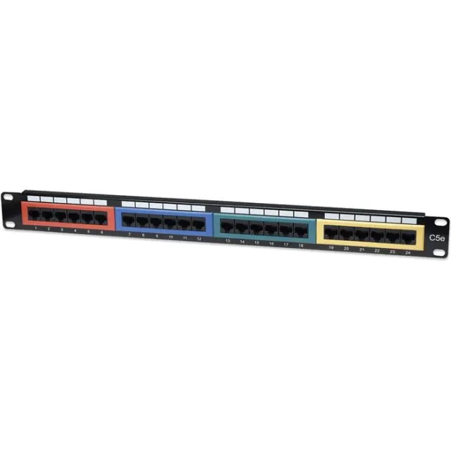 Patch panel κατηγορίας CAT 5e UTP, 24 θυρών χωρισμένων σε 4 εξάδες διαφορετικών χρωματισμών για την πιο εύκολη ομαδοποίηση της καλωδίωσης σας.