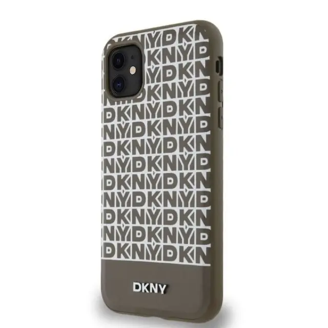 DKNY PU Leather Repeat Pattern Bottom Stripe MagSafe Case for iPhone 11 Brown 3