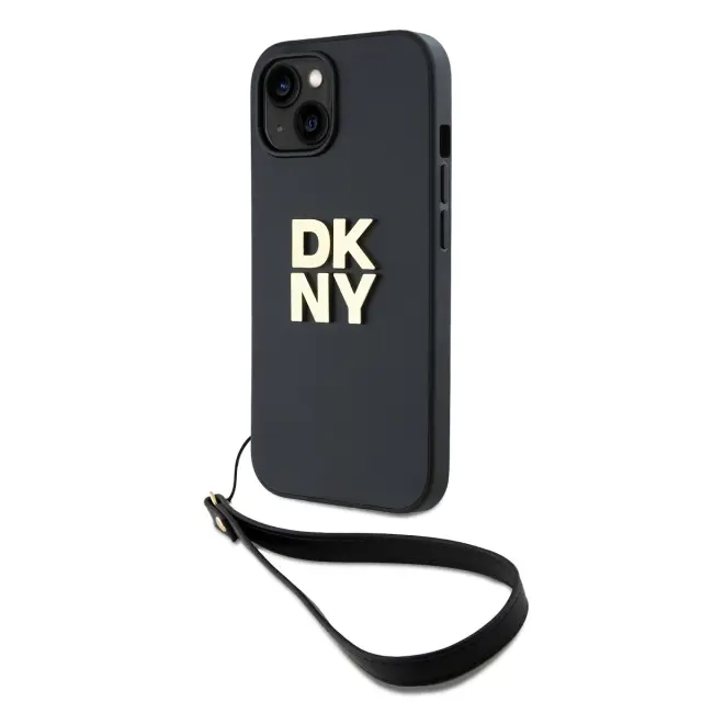 DKNY PU Leather Stack Logo Wrist Strap Case for iPhone 14 Black 2
