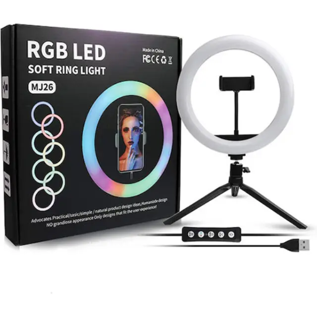 RGB Ring Light MJ26 RGB 26cm 6500K με Τρίποδο Δαπέδου και Βάση για Κινητό 3