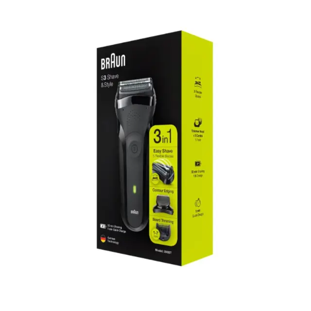 Επαναφορτιζόμενη Ξυριστική Μηχανή Braun Series 3 Shave&Style 300BT/BLK με αυτονομία μπαταρίας 30 λεπτά, 6 εξαρτήματα, 100% αδιάβροχη300BT/BLK 3
