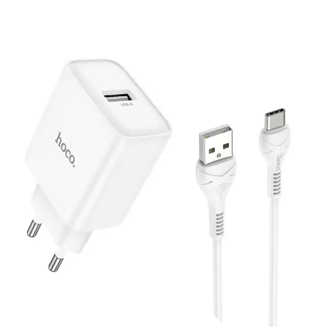 Φορτιστής Ταξιδίου Hoco. DC72 River USB-A 5V 2.1A με Καλώδιο USB-A σε USB-C 1m Λευκός