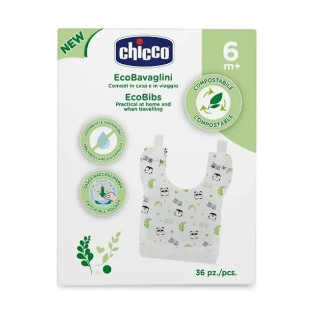 Chicco Σαλιάρα Χάρτινη με Αυτοκόλλητο μίας Χρήσης Eco Meal 6m+ για 6 m+ 36τμχ